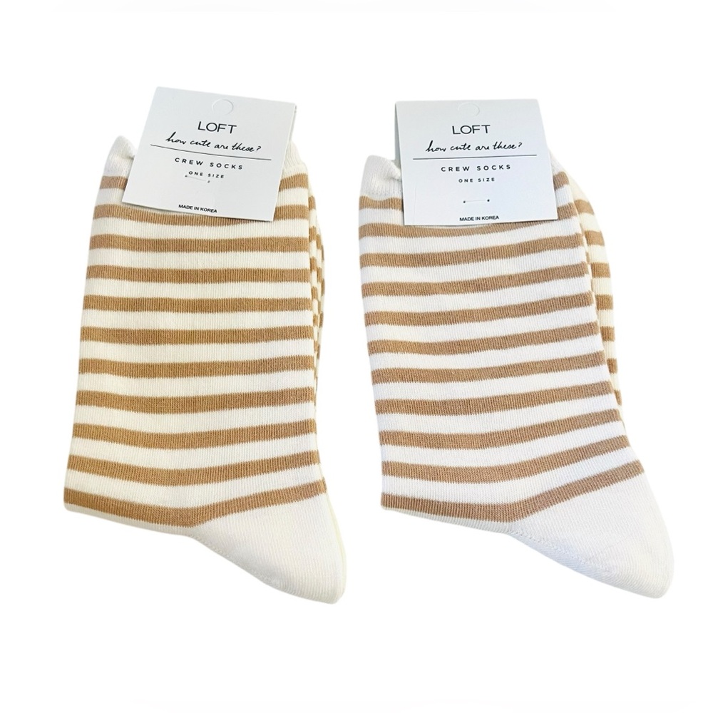 LOFT Tan and White Striped Crew Socks - 2 Pack